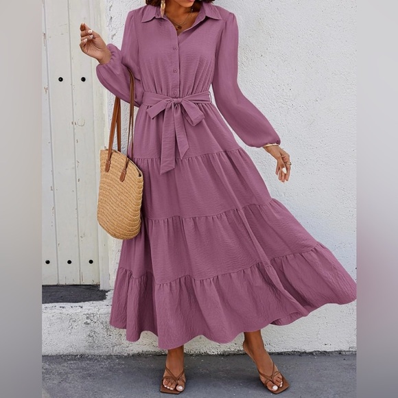 Fashion Elegant Mauve Tiered Ruffle  Maxi Dress size Small - Picture 2 of 15